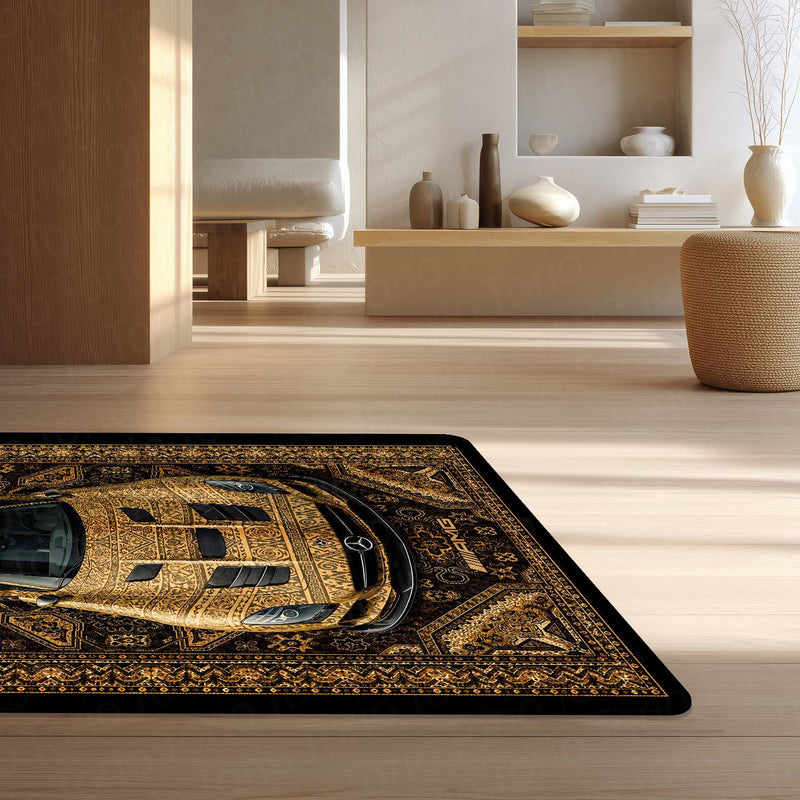 Mercedes-Benz AMG Persian Wrap Area Rug | Luxury Supercar Floor Mat | Gold Arabian Pattern Automotive Rug for Bedroom, Gaming Room, Garage & Car Enthusiast Decor