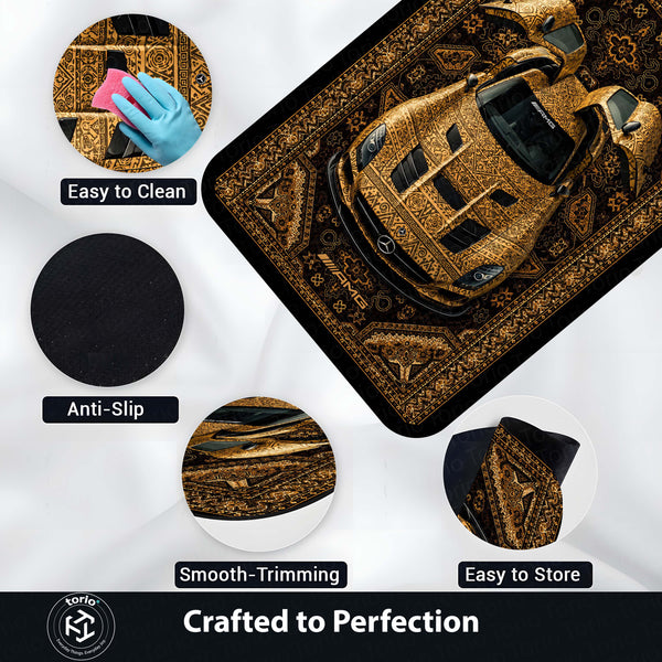Mercedes-Benz AMG Persian Wrap Area Rug | Luxury Supercar Floor Mat | Gold Arabian Pattern Automotive Rug for Bedroom, Gaming Room, Garage & Car Enthusiast Decor
