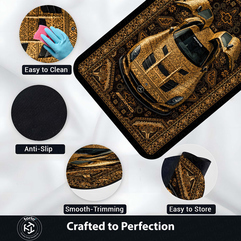 Mercedes-Benz AMG Persian Wrap Area Rug | Luxury Supercar Floor Mat | Gold Arabian Pattern Automotive Rug for Bedroom, Gaming Room, Garage & Car Enthusiast Decor