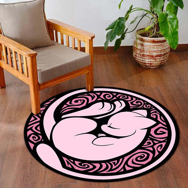 Mew Round Rug | Pokémon Pink Anime Floor Mat | Cute Anti-Slip 3 mm Absorbent Circle Rug for Bedroom, Gaming Room & Pokémon Fans