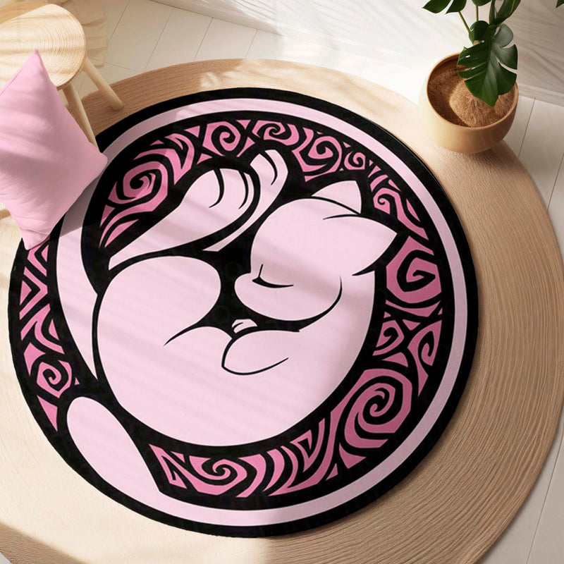 Mew Round Rug | Pokémon Pink Anime Floor Mat | Cute Anti-Slip 3 mm Absorbent Circle Rug for Bedroom, Gaming Room & Pokémon Fans