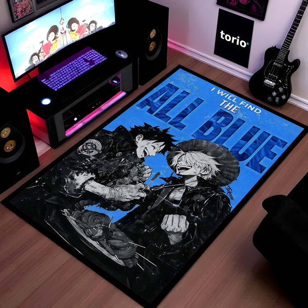 Anime Duo Area Rug | Luffy Sanji Inspired Floor Mat | One Piece Blue Theme Rug | Pirate Anime Carpet for Gaming Room, Bedroom & Otaku Decor