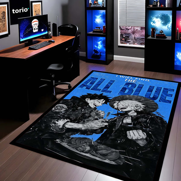 Anime Duo Area Rug | Luffy Sanji Inspired Floor Mat | One Piece Blue Theme Rug | Pirate Anime Carpet for Gaming Room, Bedroom & Otaku Decor