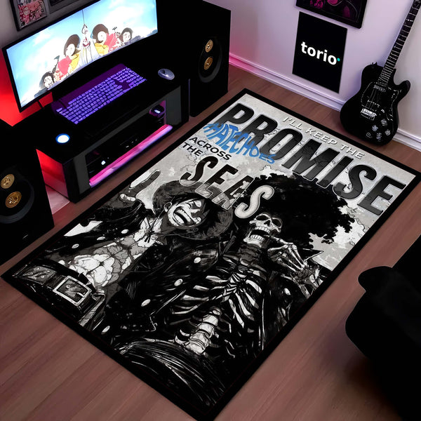 Anime Pirate Area Rug | Luffy Brook Inspired Floor Mat | One Piece Promise Across Seas Rug | Anime Carpet for Gaming Room, Bedroom & Otaku Decor