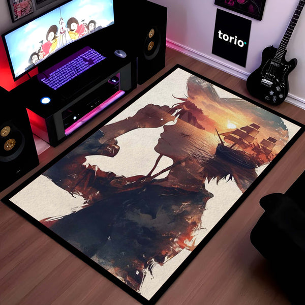 Monkey D Luffy Anime Area Rug | One Piece Sunset Art Floor Mat | Straw Hat Pirate Aesthetic Rug for Bedroom, Gaming Room & Otaku Decor