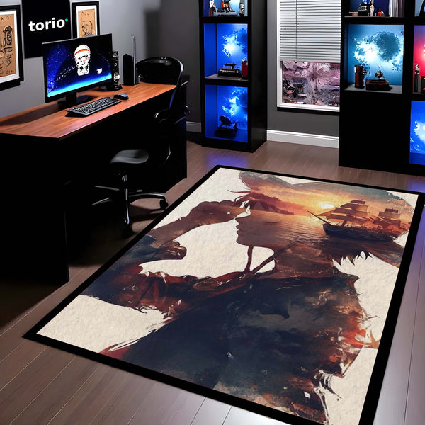 Monkey D Luffy Anime Area Rug | One Piece Sunset Art Floor Mat | Straw Hat Pirate Aesthetic Rug for Bedroom, Gaming Room & Otaku Decor