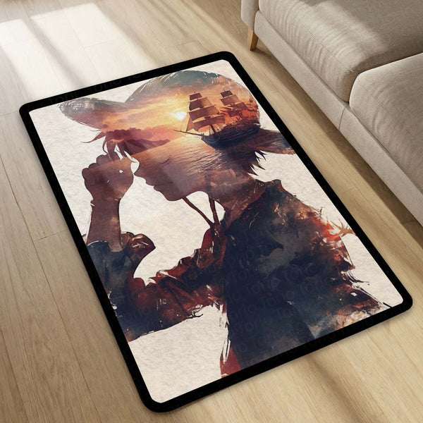 Monkey D Luffy Anime Area Rug | One Piece Sunset Art Floor Mat | Straw Hat Pirate Aesthetic Rug for Bedroom, Gaming Room & Otaku Decor