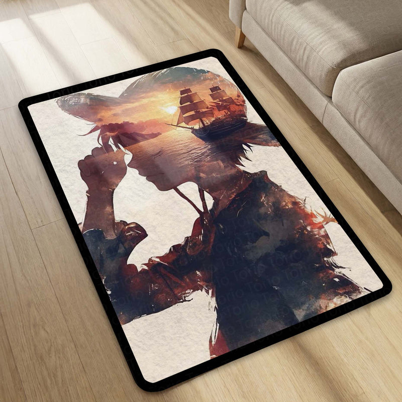 Monkey D Luffy Anime Area Rug | One Piece Sunset Art Floor Mat | Straw Hat Pirate Aesthetic Rug for Bedroom, Gaming Room & Otaku Decor