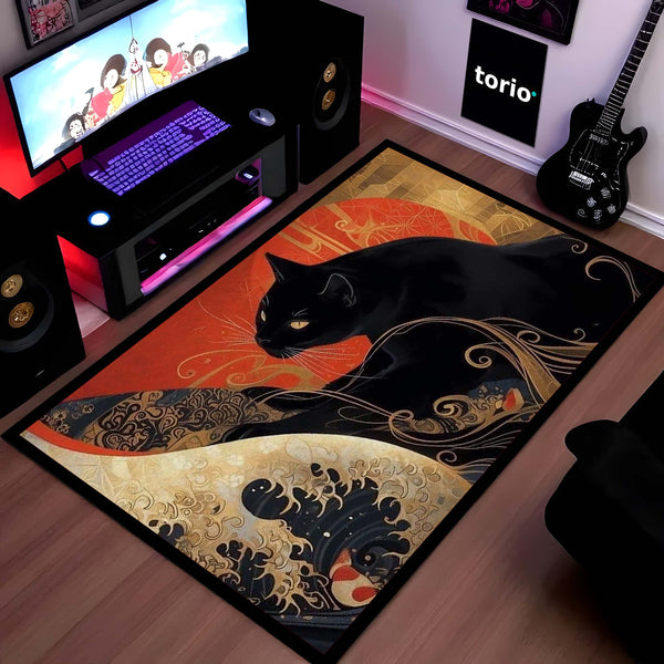 Black Cat Japanese Art Area Rug | Aesthetic Animal Floor Mat | Koi Wave Style Rug | Modern Decorative Carpet for Bedroom, Living Room & Gaming Setup