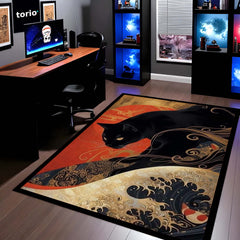 Black Cat Japanese Art Area Rug | Aesthetic Animal Floor Mat | Koi Wave Style Rug | Modern Decorative Carpet for Bedroom, Living Room & Gaming Setup