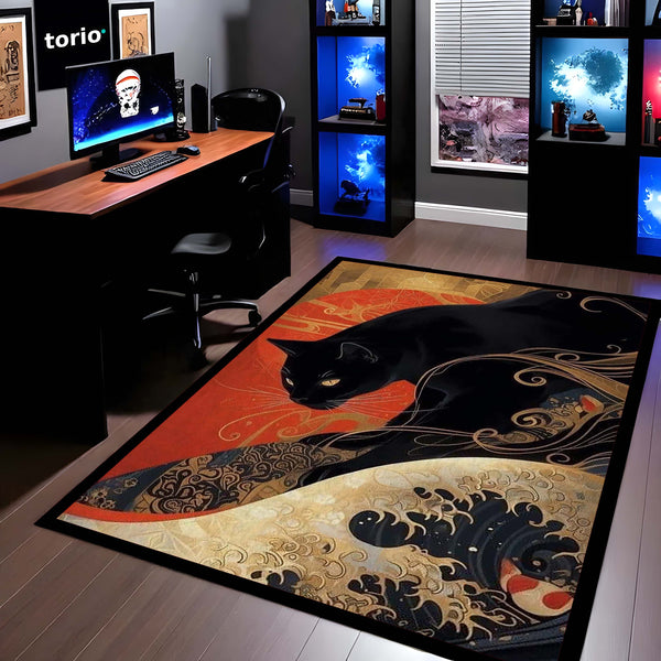 Black Cat Japanese Art Area Rug | Aesthetic Animal Floor Mat | Koi Wave Style Rug | Modern Decorative Carpet for Bedroom, Living Room & Gaming Setup