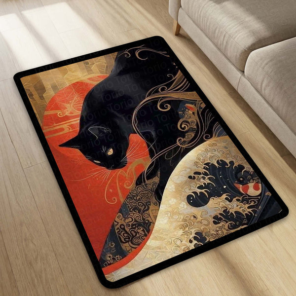 Black Cat Japanese Art Area Rug | Aesthetic Animal Floor Mat | Koi Wave Style Rug | Modern Decorative Carpet for Bedroom, Living Room & Gaming Setup