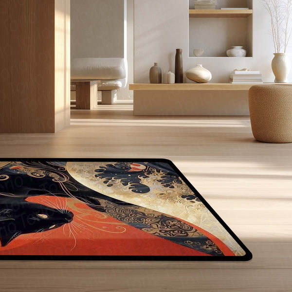 Black Cat Japanese Art Area Rug | Aesthetic Animal Floor Mat | Koi Wave Style Rug | Modern Decorative Carpet for Bedroom, Living Room & Gaming Setup