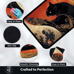 Black Cat Japanese Art Area Rug | Aesthetic Animal Floor Mat | Koi Wave Style Rug | Modern Decorative Carpet for Bedroom, Living Room & Gaming Setup
