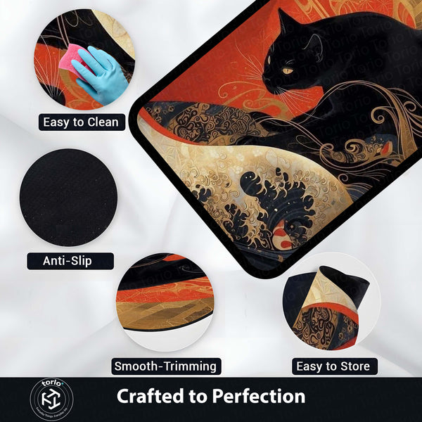 Black Cat Japanese Art Area Rug | Aesthetic Animal Floor Mat | Koi Wave Style Rug | Modern Decorative Carpet for Bedroom, Living Room & Gaming Setup