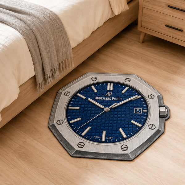 Luxury Audemars Piguet Royal Oak Blue Dial Flat Rug | Octagonal Watch Face Area Rug | Premium Luxury Timepiece Floor Mat for Bedroom, Gaming Room & Collector Décor