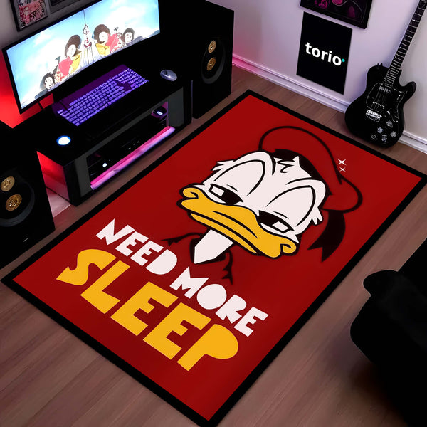 Need More Sleep Donald Duck Cartoon Area Flat Rug | Funny Sleep Quote Cartoon Character Area Flat Rug | Premium Bedroom & Gaming Room Floor Decor
