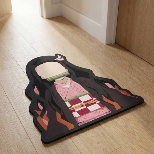 Nezuko Kamado Cute Flame Pose Floor Mat (3 mm Thick) | Demon Slayer Anime Cut-Out Rug for Bedroom, Gaming Room & Otaku Home Decor