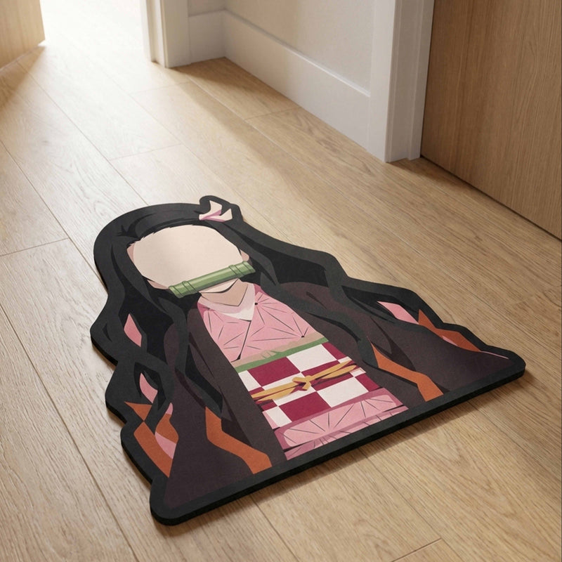 Nezuko Kamado Cute Flame Pose Floor Mat (3 mm Thick) | Demon Slayer Anime Cut-Out Rug for Bedroom, Gaming Room & Otaku Home Decor