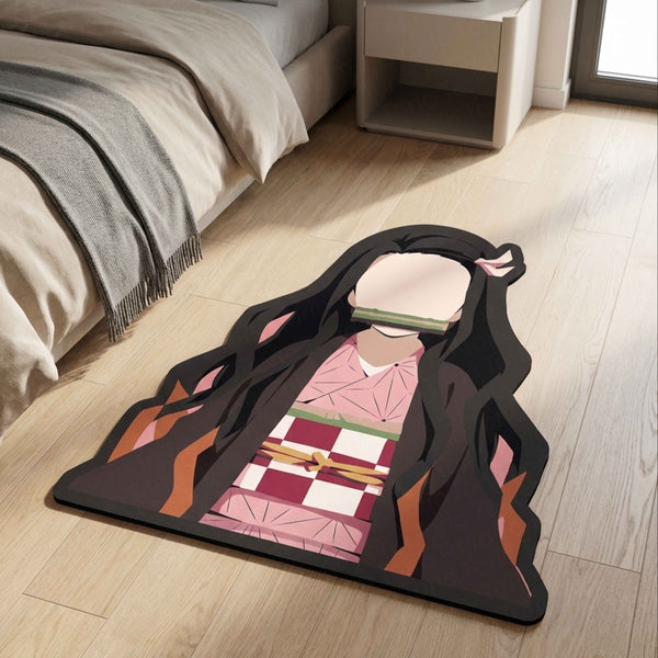 Nezuko Kamado Cute Flame Pose Floor Mat (3 mm Thick) | Demon Slayer Anime Cut-Out Rug for Bedroom, Gaming Room & Otaku Home Decor