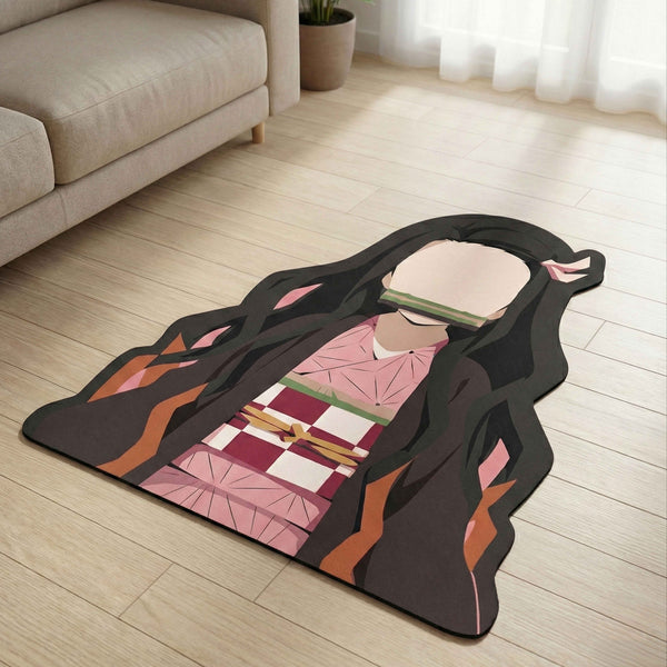 Nezuko Kamado Cute Flame Pose Floor Mat (3 mm Thick) | Demon Slayer Anime Cut-Out Rug for Bedroom, Gaming Room & Otaku Home Decor