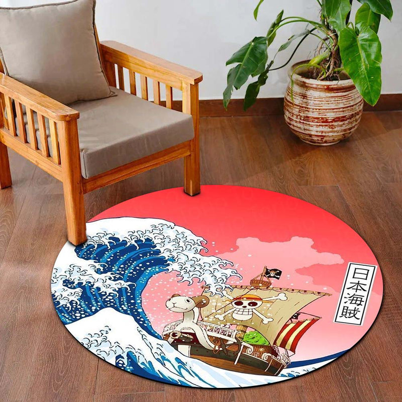 One Piece Thousand Sunny Round Rug | Anime Pirate Floor Mat | Anti-Slip 3 mm Absorbent Circle Rug for Bedroom, Gaming Room & Anime Fans