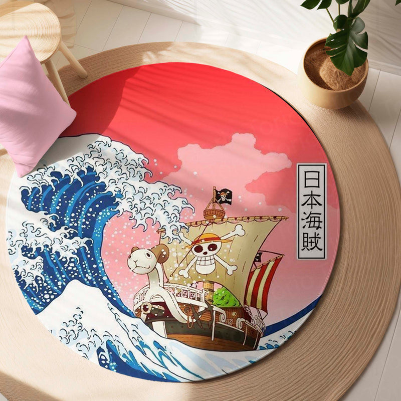 One Piece Thousand Sunny Round Rug | Anime Pirate Floor Mat | Anti-Slip 3 mm Absorbent Circle Rug for Bedroom, Gaming Room & Anime Fans