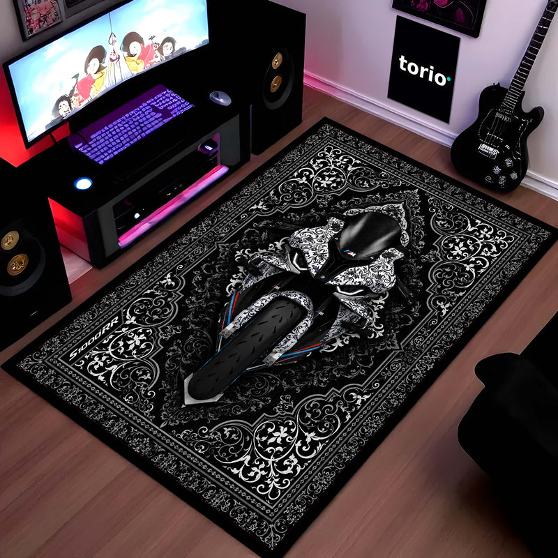 BMW S1000RR Ornate Area Flat Rug | Luxury Superbike Persian Style Rug for Living Room, Gaming Room & Motorcycle Decor