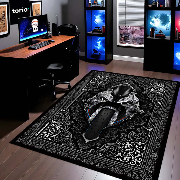 BMW S1000RR Ornate Area Flat Rug | Luxury Superbike Persian Style Rug for Living Room, Gaming Room & Motorcycle Decor