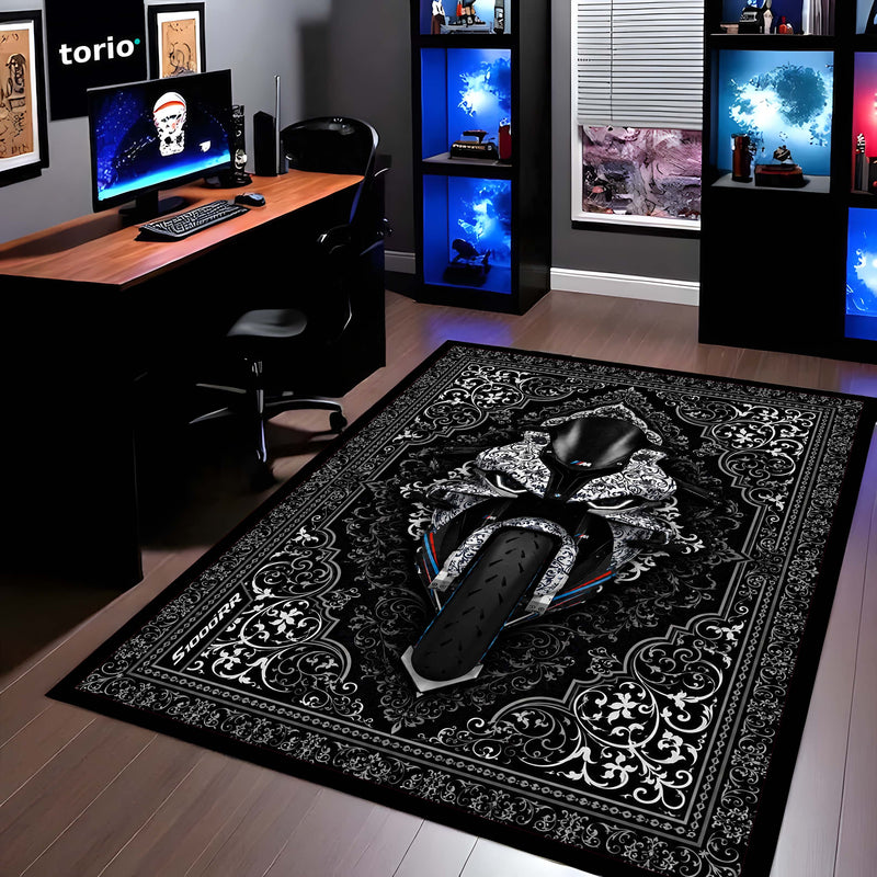BMW S1000RR Ornate Area Flat Rug | Luxury Superbike Persian Style Rug for Living Room, Gaming Room & Motorcycle Decor