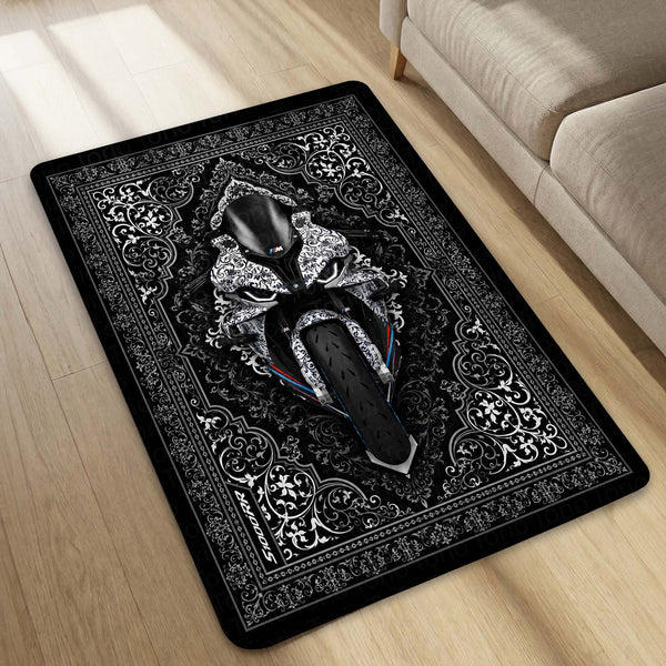 BMW S1000RR Ornate Area Flat Rug | Luxury Superbike Persian Style Rug for Living Room, Gaming Room & Motorcycle Decor
