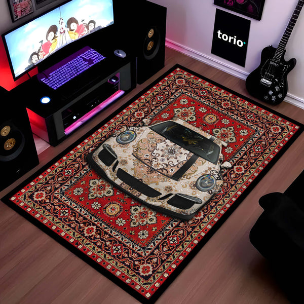 Porsche 911 Carrera Front View Floor Mat | Red Persian Carpet Style Luxury Sports Car Rug | Anti-Slip 3mm Absorbent Performance Car Design Mat for Home, Office & Studio