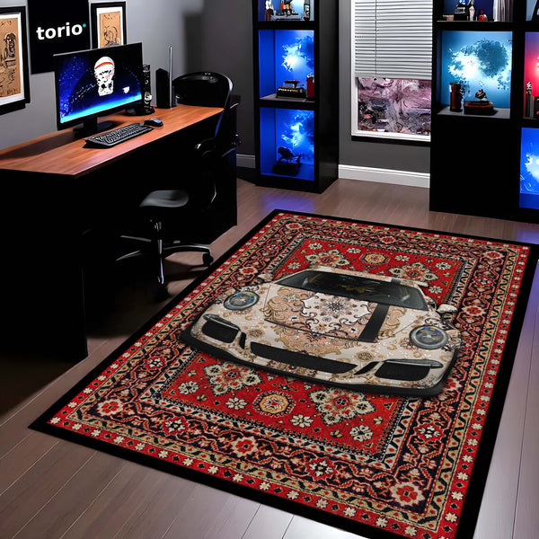 Porsche 911 Carrera Front View Floor Mat | Red Persian Carpet Style Luxury Sports Car Rug | Anti-Slip 3mm Absorbent Performance Car Design Mat for Home, Office & Studio