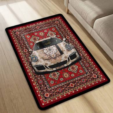 Porsche 911 Carrera Front View Floor Mat | Red Persian Carpet Style Luxury Sports Car Rug | Anti-Slip 3mm Absorbent Performance Car Design Mat for Home, Office & Studio
