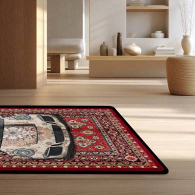 Porsche 911 Carrera Front View Floor Mat | Red Persian Carpet Style Luxury Sports Car Rug | Anti-Slip 3mm Absorbent Performance Car Design Mat for Home, Office & Studio