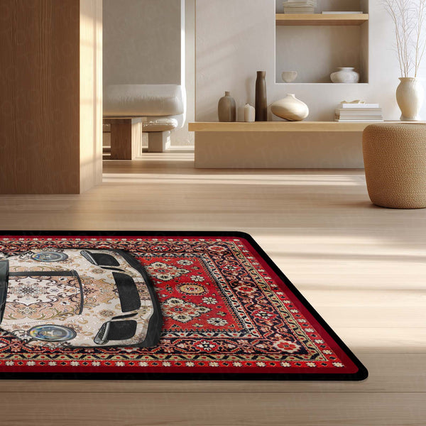 Porsche 911 Carrera Front View Floor Mat | Red Persian Carpet Style Luxury Sports Car Rug | Anti-Slip 3mm Absorbent Performance Car Design Mat for Home, Office & Studio