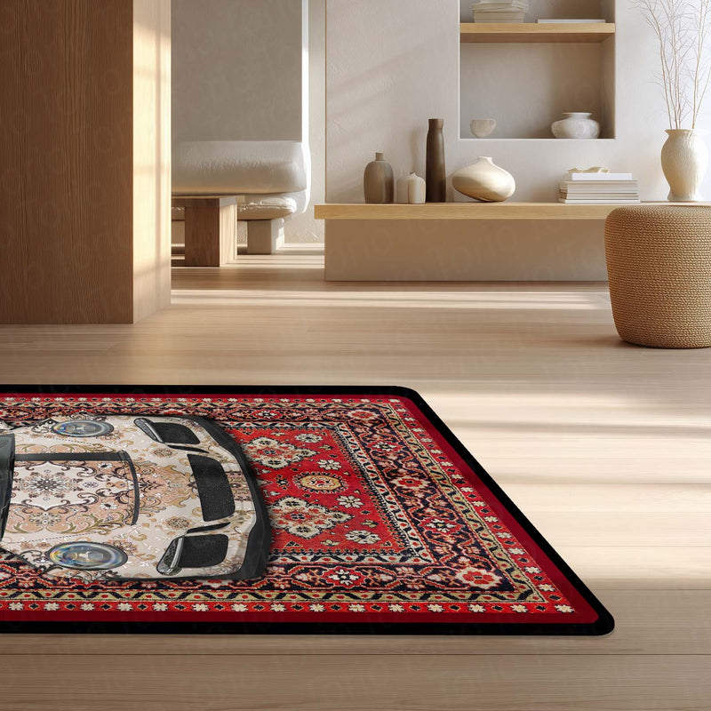 Porsche 911 Carrera Front View Floor Mat | Red Persian Carpet Style Luxury Sports Car Rug | Anti-Slip 3mm Absorbent Performance Car Design Mat for Home, Office & Studio