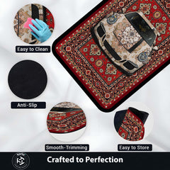 Porsche 911 Carrera Front View Floor Mat | Red Persian Carpet Style Luxury Sports Car Rug | Anti-Slip 3mm Absorbent Performance Car Design Mat for Home, Office & Studio