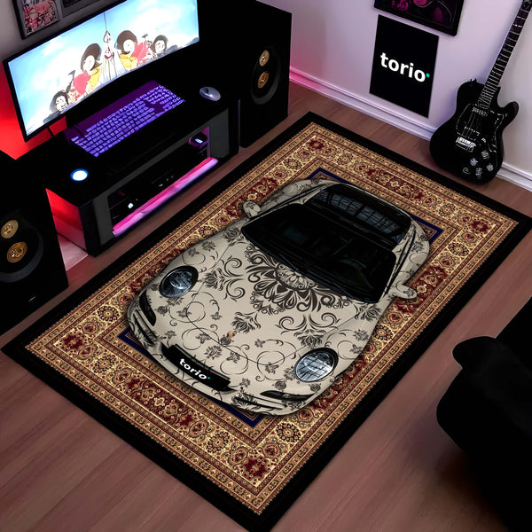Porsche 911 Classic Front View Floor Mat | Vintage Damask Persian Carpet Style Luxury Sports Car Rug | Anti-Slip 3mm Absorbent Car Design Mat