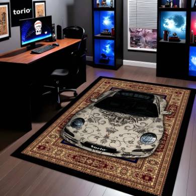 Porsche 911 Classic Front View Floor Mat | Vintage Damask Persian Carpet Style Luxury Sports Car Rug | Anti-Slip 3mm Absorbent Car Design Mat