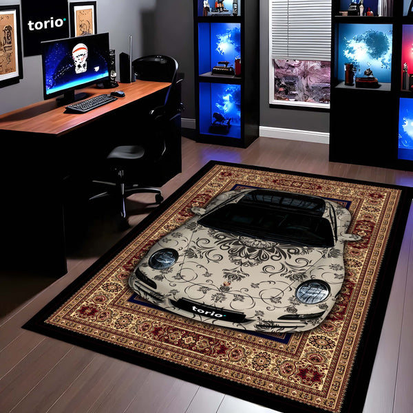 Porsche 911 Classic Front View Floor Mat | Vintage Damask Persian Carpet Style Luxury Sports Car Rug | Anti-Slip 3mm Absorbent Car Design Mat