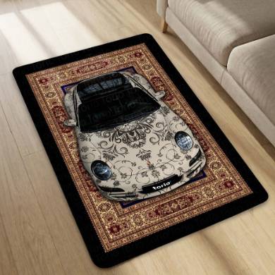 Porsche 911 Classic Front View Floor Mat | Vintage Damask Persian Carpet Style Luxury Sports Car Rug | Anti-Slip 3mm Absorbent Car Design Mat