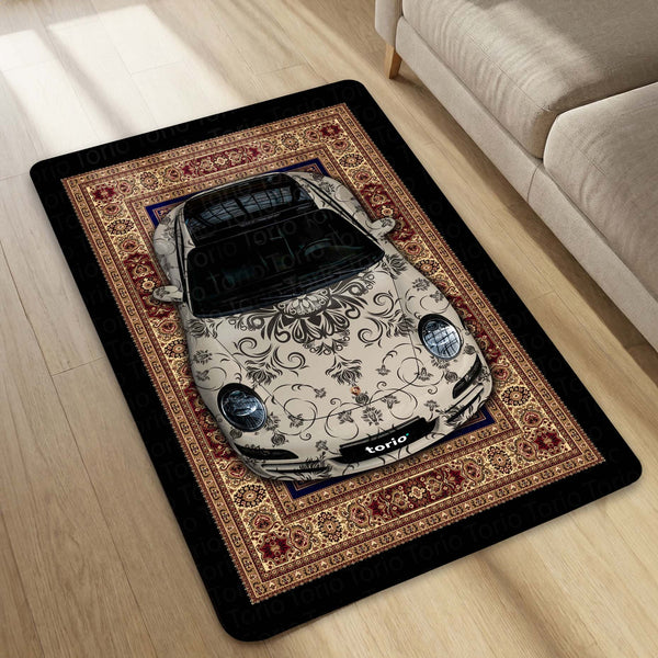 Porsche 911 Classic Front View Floor Mat | Vintage Damask Persian Carpet Style Luxury Sports Car Rug | Anti-Slip 3mm Absorbent Car Design Mat