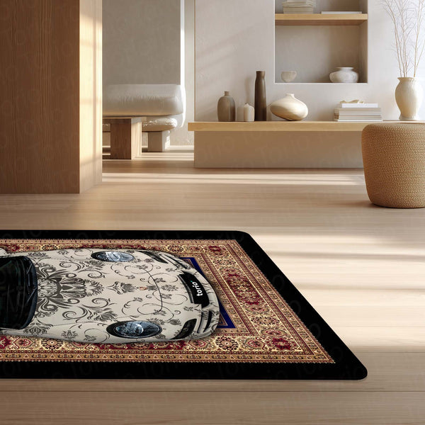 Porsche 911 Classic Front View Floor Mat | Vintage Damask Persian Carpet Style Luxury Sports Car Rug | Anti-Slip 3mm Absorbent Car Design Mat