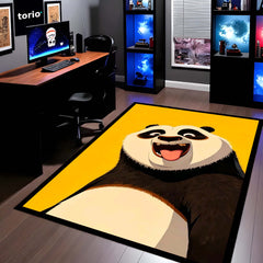 Happy Panda Cartoon Area Flat Rug | Cute Smiling Panda Character Area Flat Rug | Premium Kids Room & Gaming Room Floor Decor