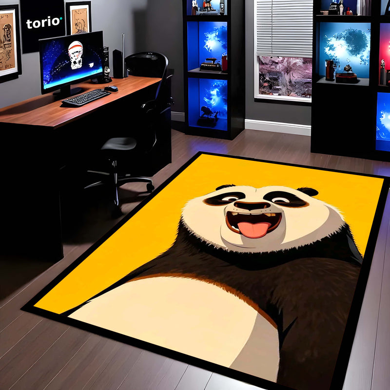 Happy Panda Cartoon Area Flat Rug | Cute Smiling Panda Character Area Flat Rug | Premium Kids Room & Gaming Room Floor Decor