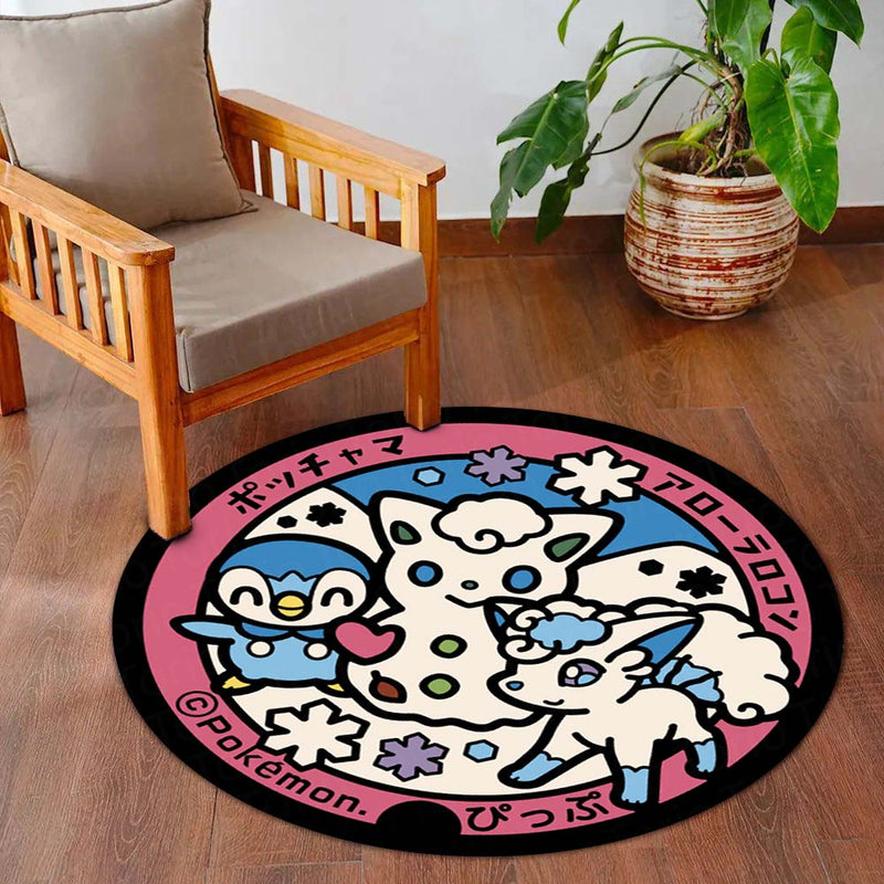 Cute Pokémon Friends Round Rug | Piplup, Alolan Vulpix & Spinda Anime Floor Mat | Anti-Slip 3 mm Absorbent Circle Rug for Bedroom & Gaming Room