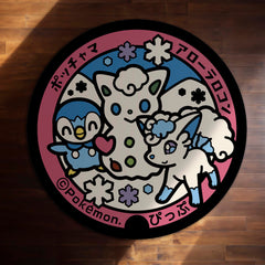 Cute Pokémon Friends Round Rug | Piplup, Alolan Vulpix & Spinda Anime Floor Mat | Anti-Slip 3 mm Absorbent Circle Rug for Bedroom & Gaming Room