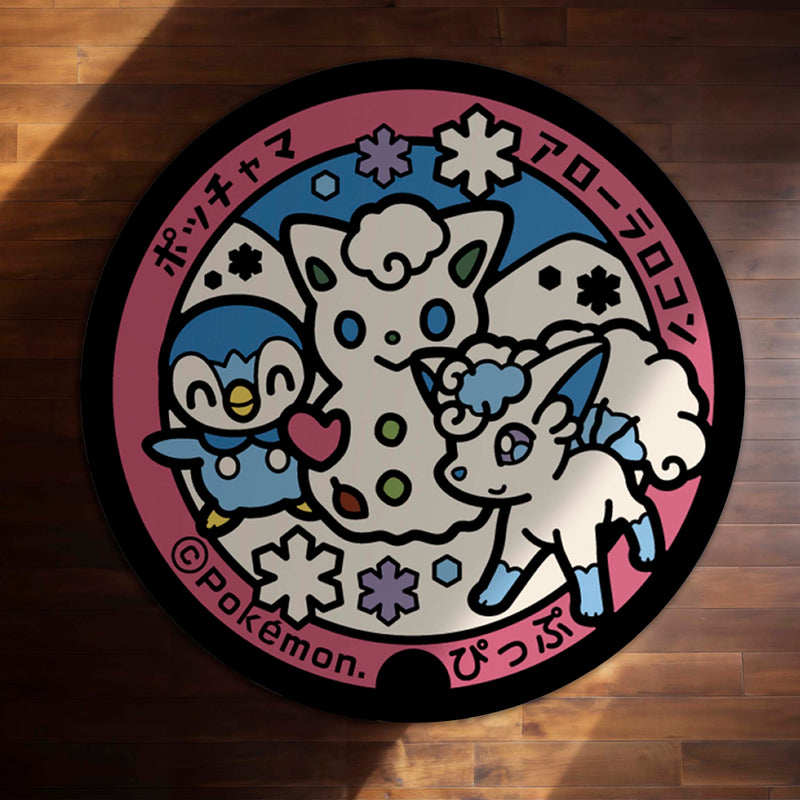 Cute Pokémon Friends Round Rug | Piplup, Alolan Vulpix & Spinda Anime Floor Mat | Anti-Slip 3 mm Absorbent Circle Rug for Bedroom & Gaming Room
