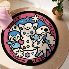 Cute Pokémon Friends Round Rug | Piplup, Alolan Vulpix & Spinda Anime Floor Mat | Anti-Slip 3 mm Absorbent Circle Rug for Bedroom & Gaming Room
